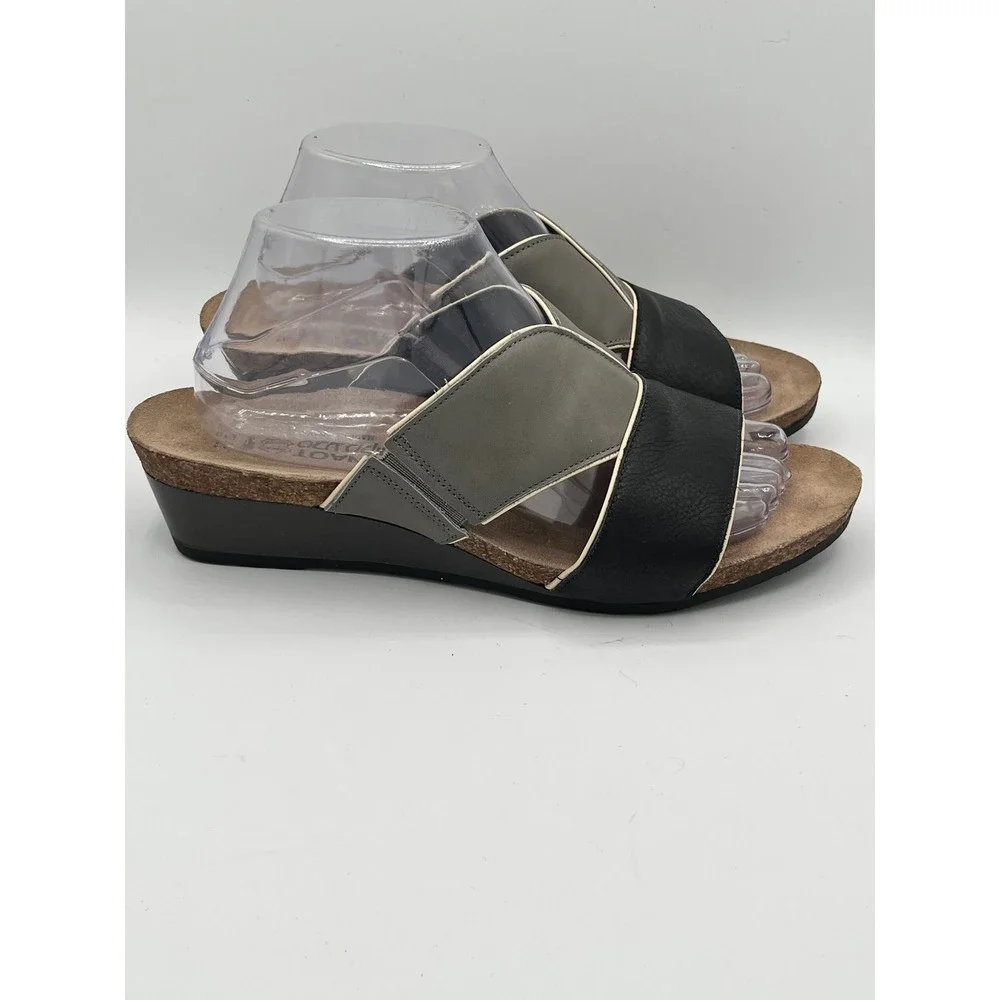 Naot Women Black Grey Leather Wedge Slide Sandals Made Israel Sz EU 41 US 10